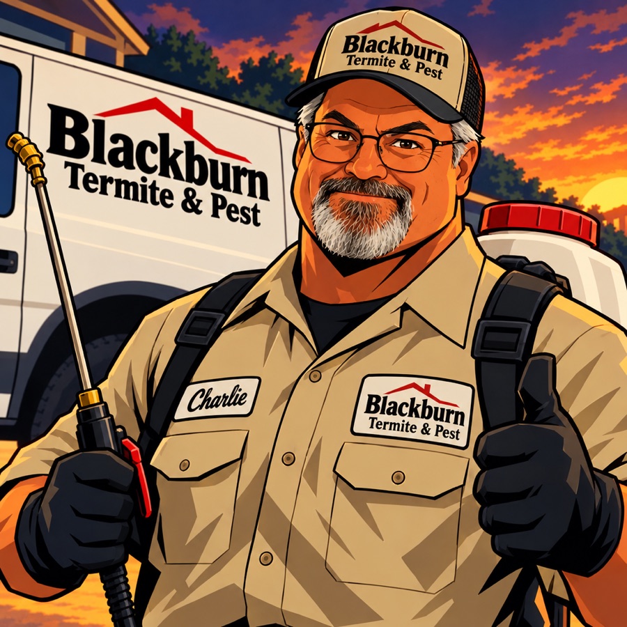 Animated-style illustration of Charlie Blackburn in uniform with a sprayer, giving a thumbs up in front of a Blackburn Termite & Pest van